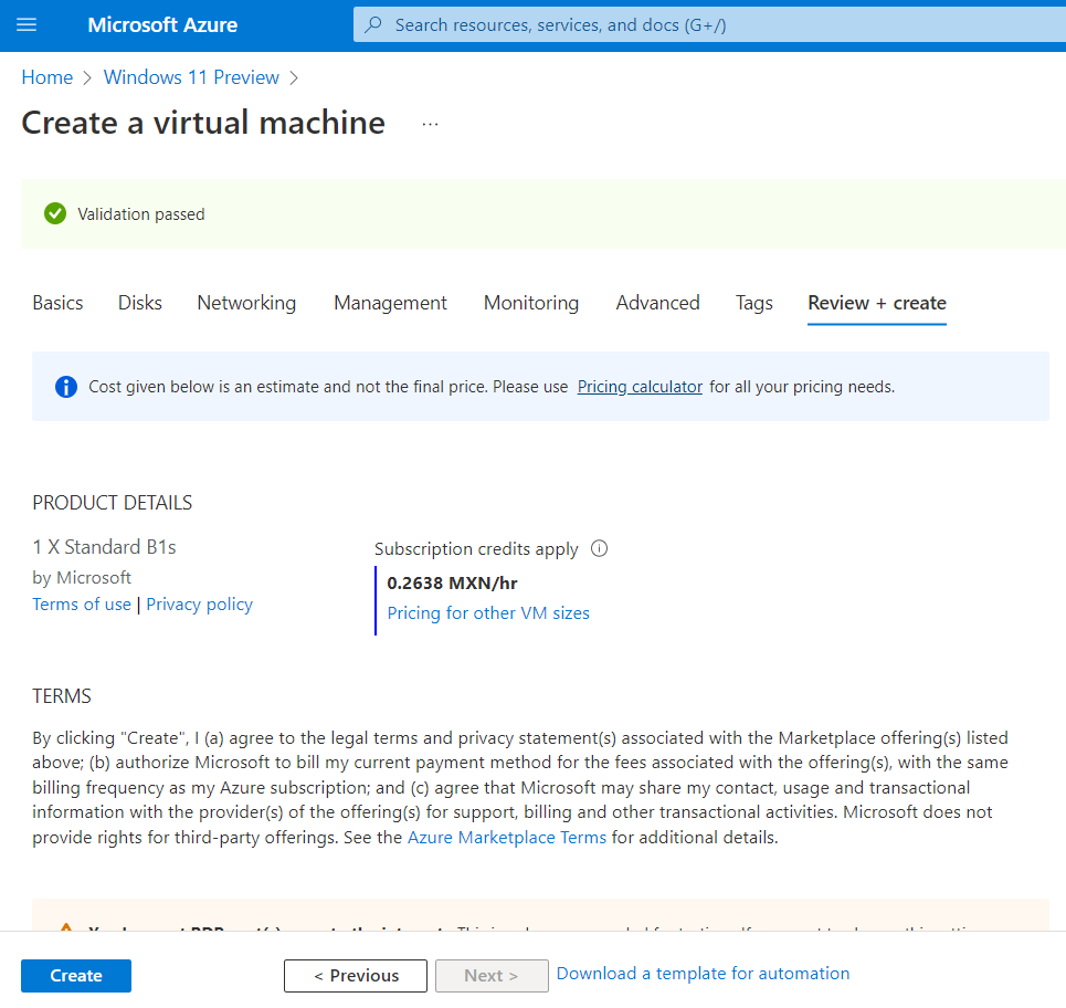 Last step, Validation of Windows 11 Preview wizard (same as Azure Virtual Machine wizard)